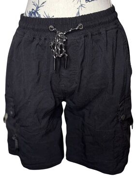Retro Stitch Men’s Black Utility Cargo Shorts - Elastic Drawstring Waist Medium